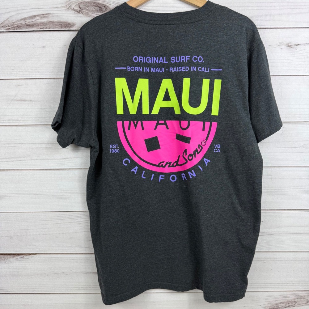 Maui and Sons T-Shirt Gray Neon Graphic Surf Tee Mens Large Short‎ Sleeve